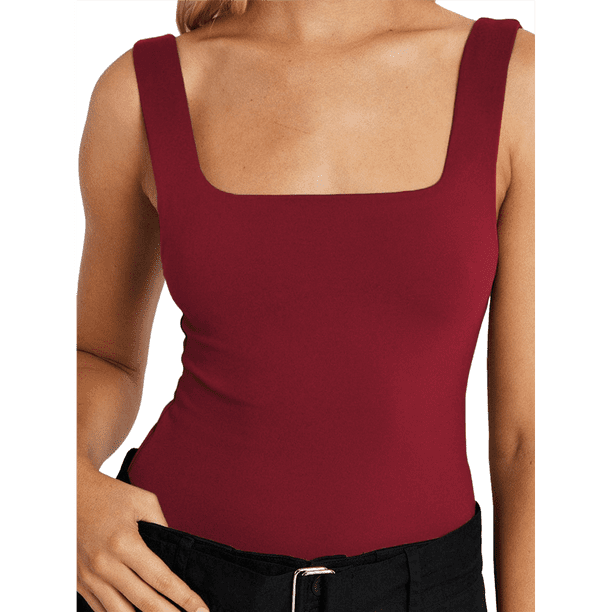 Camisetas Sin Mangas Ajustadas con Cuello Cuadrado para Mujer, de Doble Capa, Sin Costuras, Ajustadas, Básicas, -Verano 2025 Rojo XL