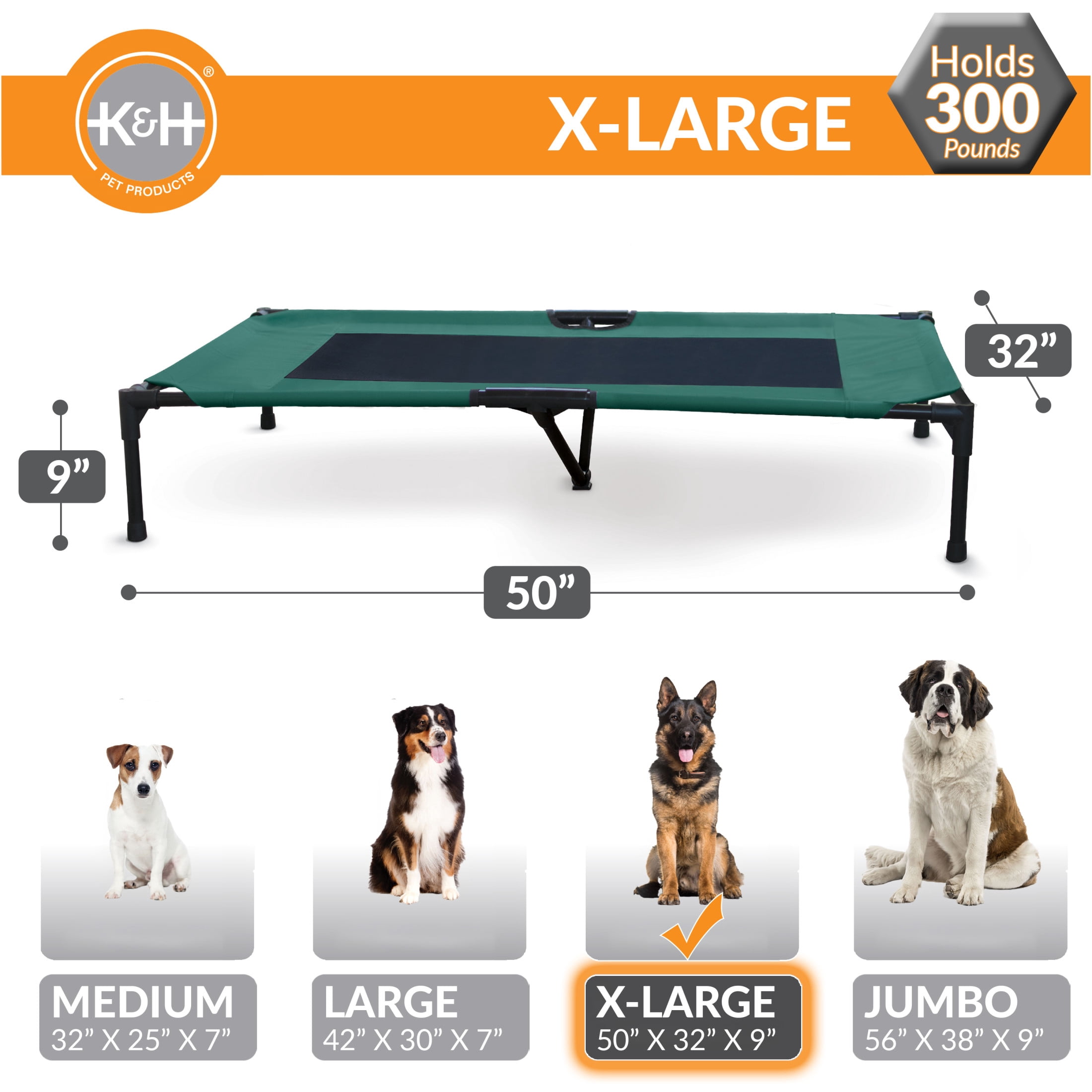 K&H Pet Products Original Pet Cot Elevated Dog Bed Green/Black Mesh X-Large 50 X 32 X 9 Inches