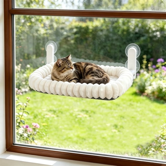 Urieessian Foldable Cat Window Bed Indoor Hammock Perch for Large Cats, Cordless Hanging Kitten Seat Shelf with Suction Cups Reversible Plush Cushion Machine Washable 21.5x15.5", White S