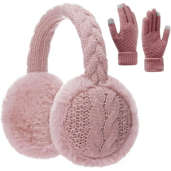 Man Womens Knitted Fuzzy Earmuffs and Touch Screen Gloves Set, Winter Warm Headband Ear Warmer Earmuffs