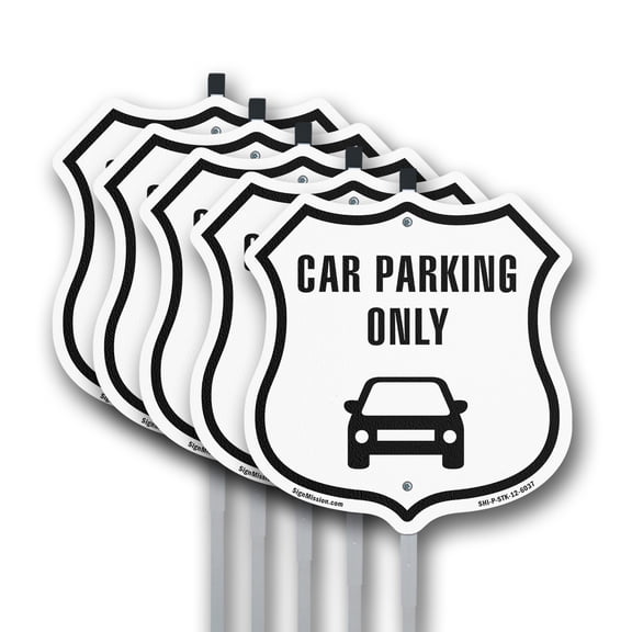 Car Parking Only (5 Pack) 12 inch X 12 inch Shield Shaped Rust-Free Aluminum Metal Signs with Aluminum Mounting Stakes Weather Resistant Made in the USA