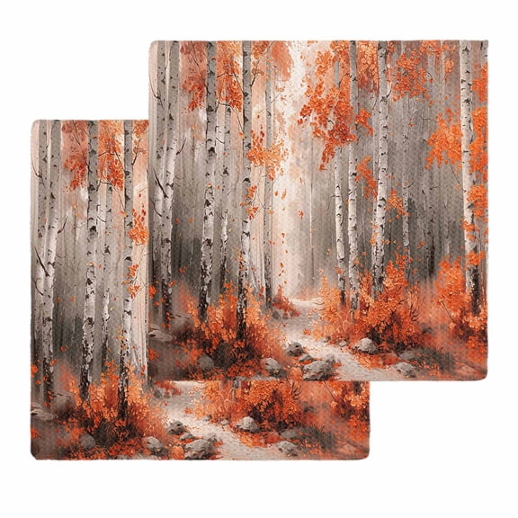 Red Orange Kitchen Dish Towels for Drying Dishes Set of 2, Modern Oil Painting Art Forest Waffle Weave Microfiber Hand Tea Bathroom Towels Quick Dry & Absorbent Towel 12x12