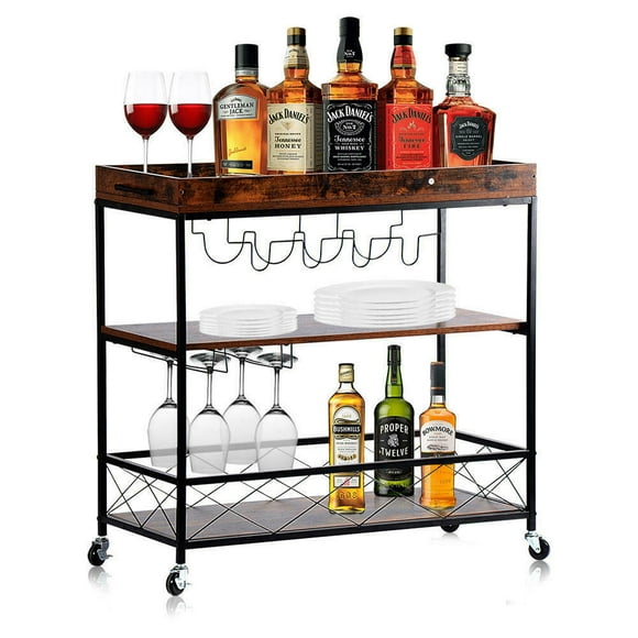 3 Tier 31"H Kitchen Bar Serving Cart, Rolling Storage Wine Carts Serving Trolley with Removable Tray, Wine Rack and Glass Holder