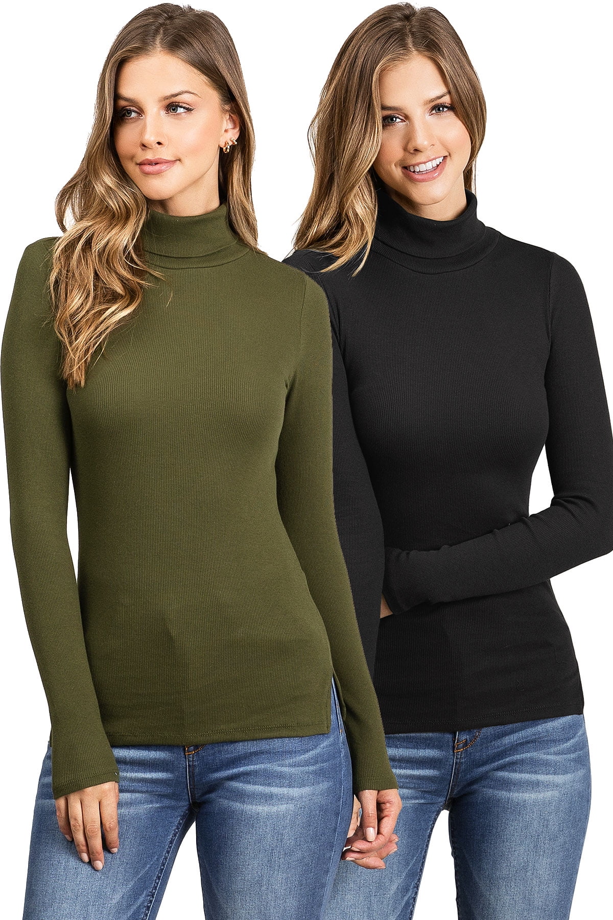 Ambiance Apparel Women's Juniors 2Pack Stretchy Ribbed Long Sleeve Turtleneck Top (S, Olive