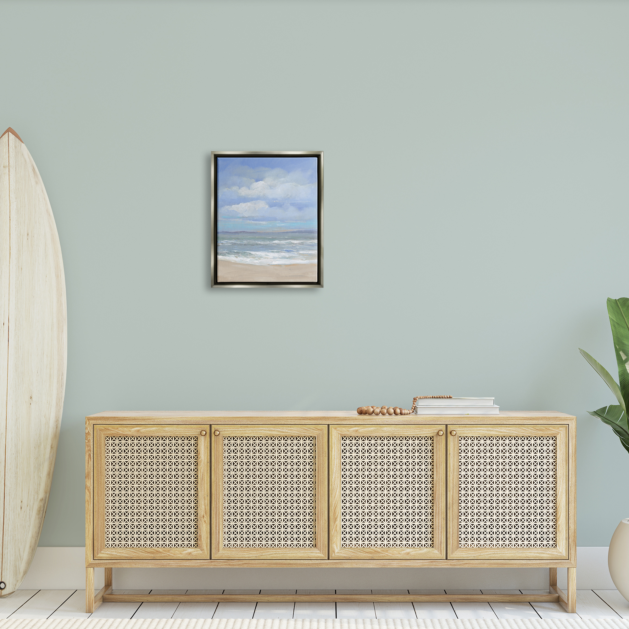 Stupell Cloudy Ocean Bay Shoreline Landscape Painting Gray Floater Framed Art Print Wall Art