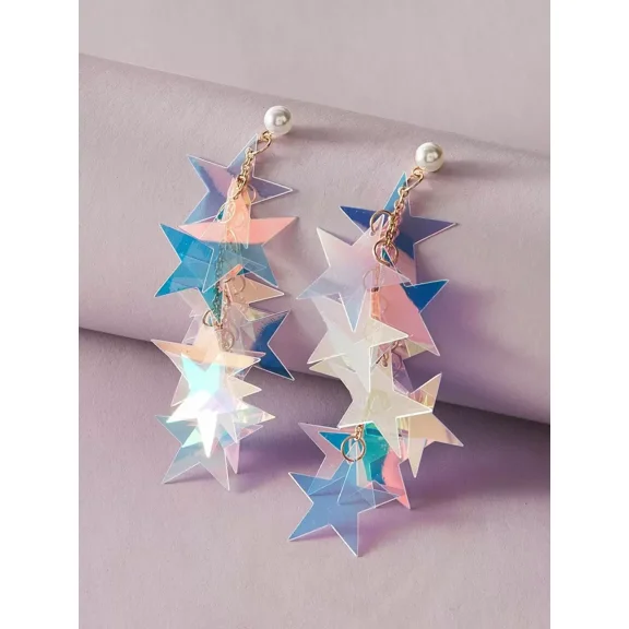 Multicolor Iridescent Star Drop Earrings With Faux Pearl Stud