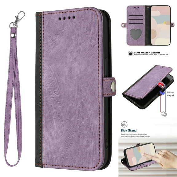 Feishell Wallet Case for Google Pixel 7 Pro Luxury Premium PU Leather Soft Silicone Shockproof Flip Folio Case, Wrist Strap Handbag Cute Card Slots Cover with Magnetic Clasp Kickstand Case,Purple