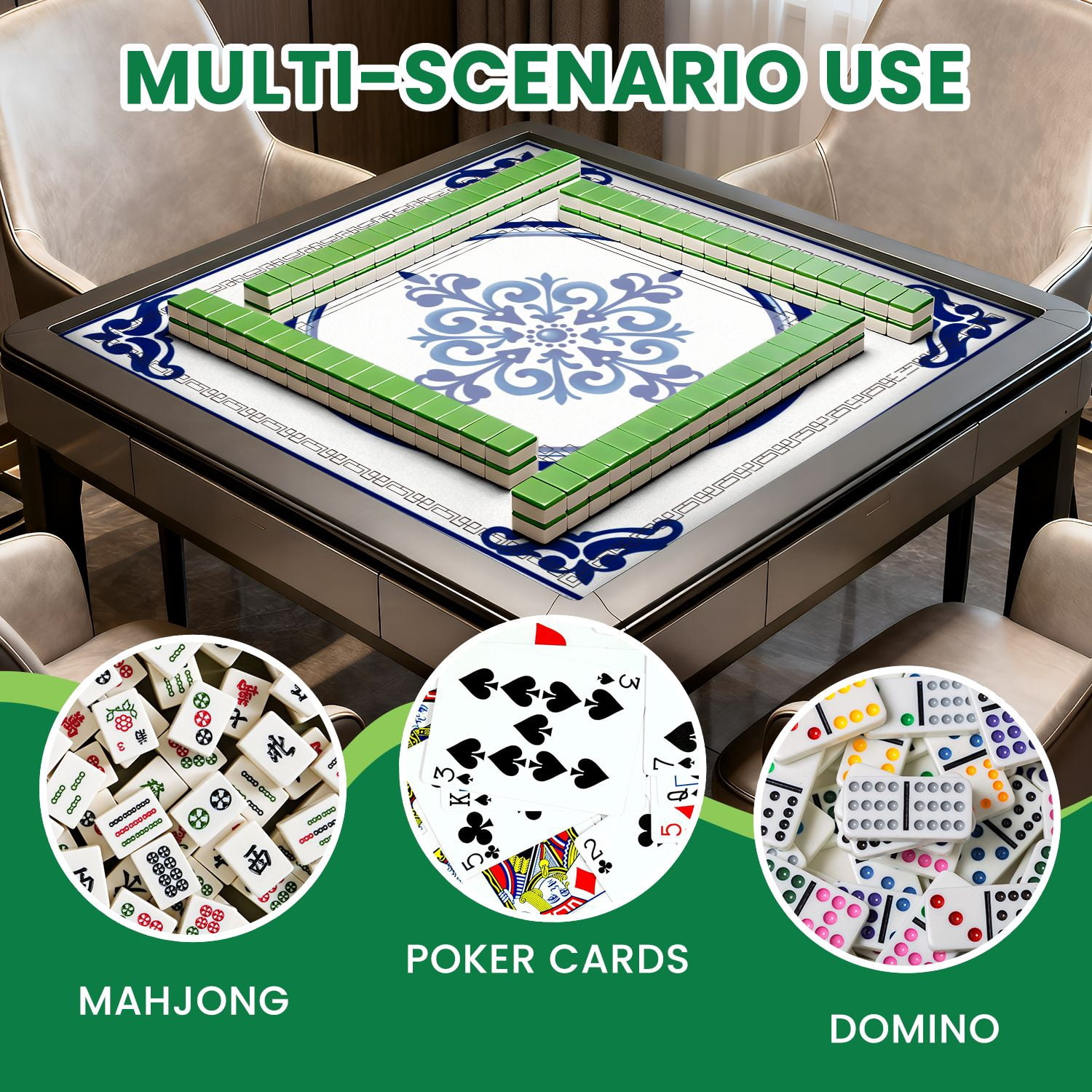 Mahjong Mat 31.5" x 31.5" Blue White Ornamental Tile Design Floral Non-Slip Noise Reduction American Mahjong Tiles Table Cover for Dominoes Poker Card Board Games Gift