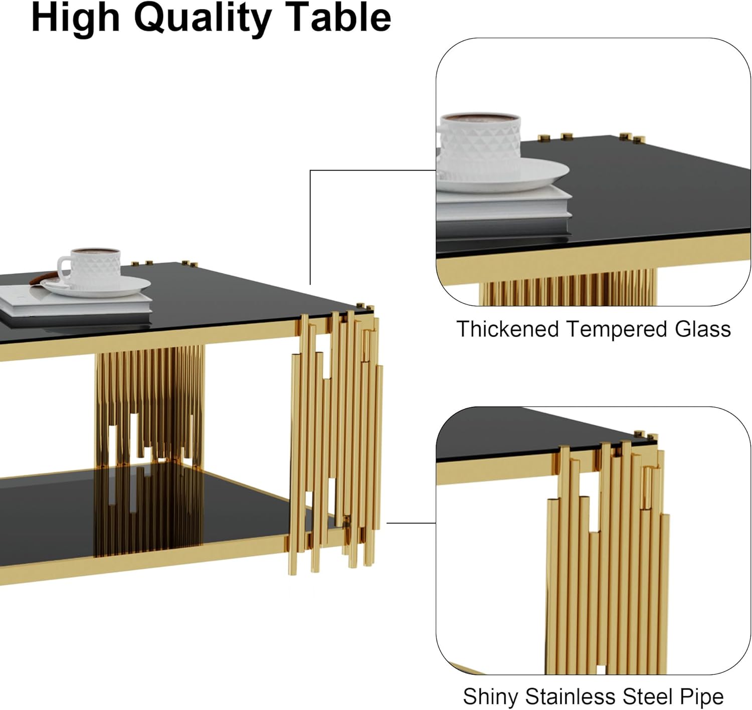 End Tables for Living Room Set of 3, Holaki Modern Rectangle Tempered Glass Coffee Table with 2 Square End Table, Coffee Table Set with Stainless Steel Irregular Legs for Home Apartment Office