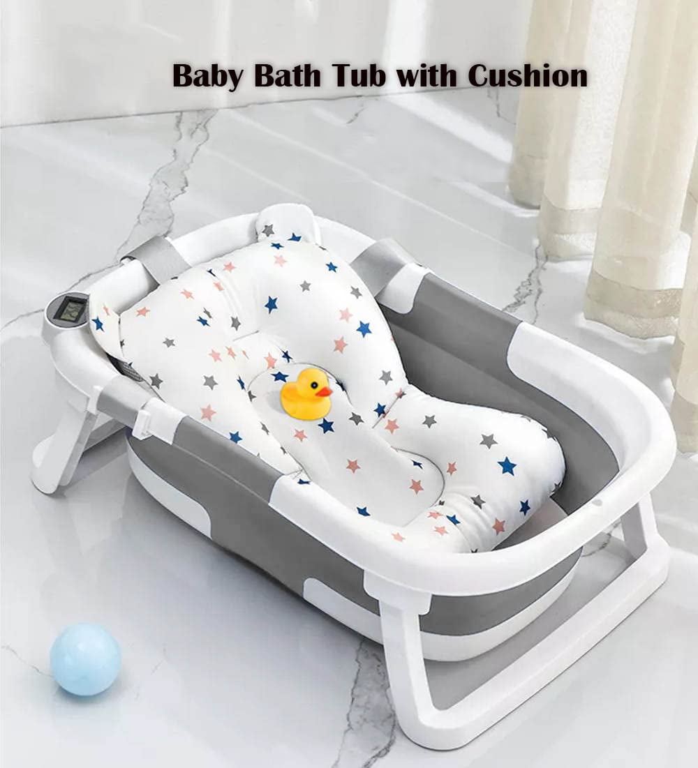 TOPCHANCES Collapsible Baby Bathtub with Thermometer, Newborn Baby Shower Tub with Baby Tub Cushion & Bath Net, Portable Baby Folding Bathtub for 0-12 Month Newborn, Grey