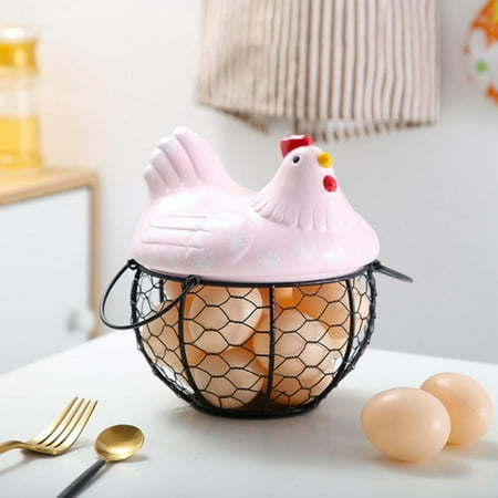 

Kitchen Basket Metal Frame Bowls with Hen Shaped Lid Fruit Vegetable Eggs Storage
