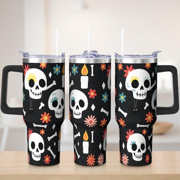 Halloween Tumbler with Handle 40oz Insulated Stainless Tumbler, Skull Travel Home Office Coffee Cup Water Bottle