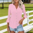 thumbnail image 4 of Craaazy Women's Relaxed Fit V Neck Blouse, Solid Color 3/4 Sleeve Flare Cuff Top, Loose Comfy Button Accent Casual Tee for Spring & Summer Gifts, 4 of 7