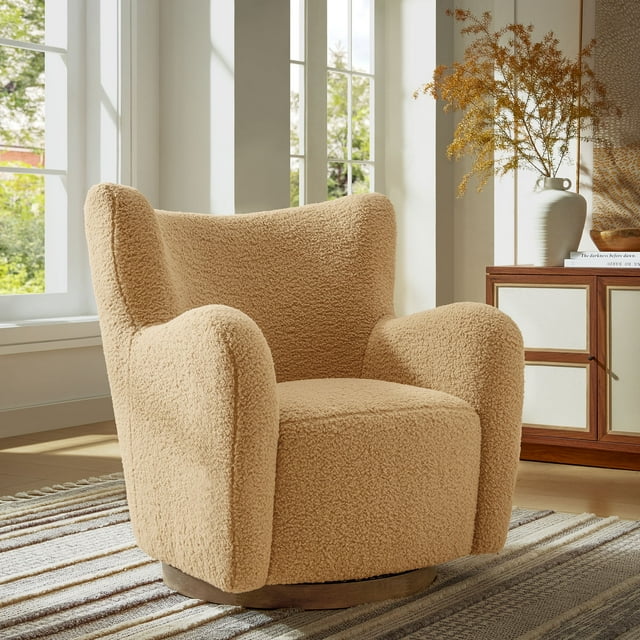 Modway Montrose Wingback Sherpa Swivel Accent Chair, Camel Walnut
