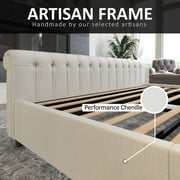 VanAcc King Size Platform Bed Frame, Chenille Upholstered Sleigh Bed Frame with Scroll Wingback Headboard & Footboard/Button Tufted/Cream