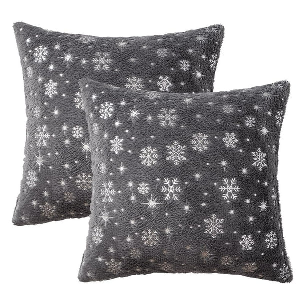 Juego de 2 fundas de almohada decorativas navideñas, fundas de almohada de piel sintética suave con copo de nieve plateado de 20 x 20 pulgadas, gris