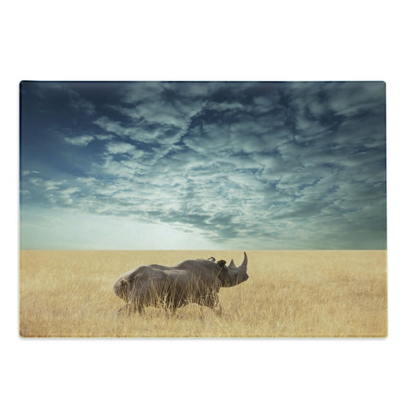 Safari Cutting Board, Wild Animal Sun Beaming Through Cloudy Sky Grassland Autumn View Picture, Decorative Tempered Glass Cutting and Serving Board, Large Size, Bluegrey Mustard, by Ambesonne