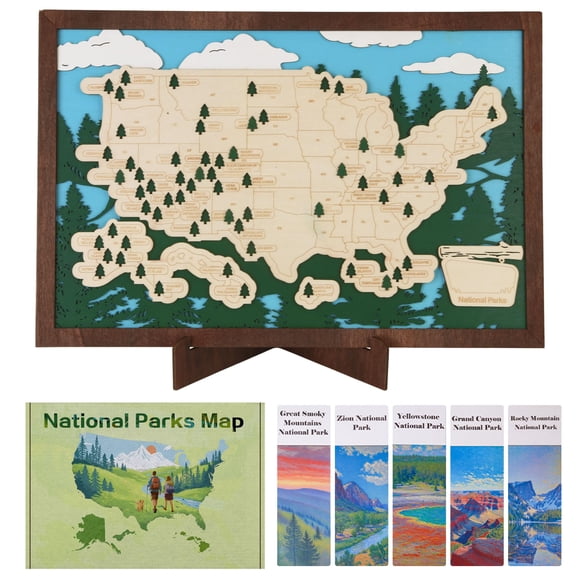 Mapa de Viajes de Parques Nacionales de EE.UU. en Madera Motivilla Azul