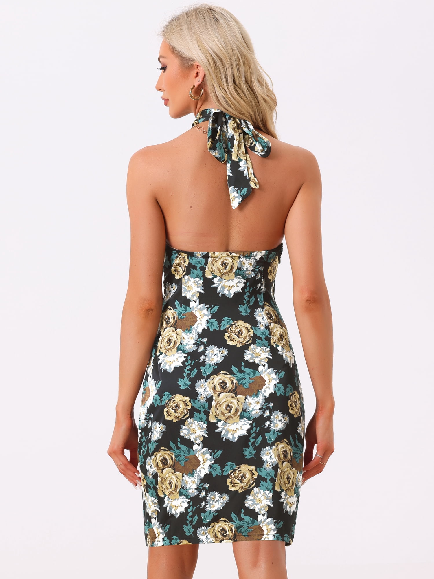 DARING DIVA Women's Summer Floral Satin Halter Neck Sleeveless Mini Dresses XL Black