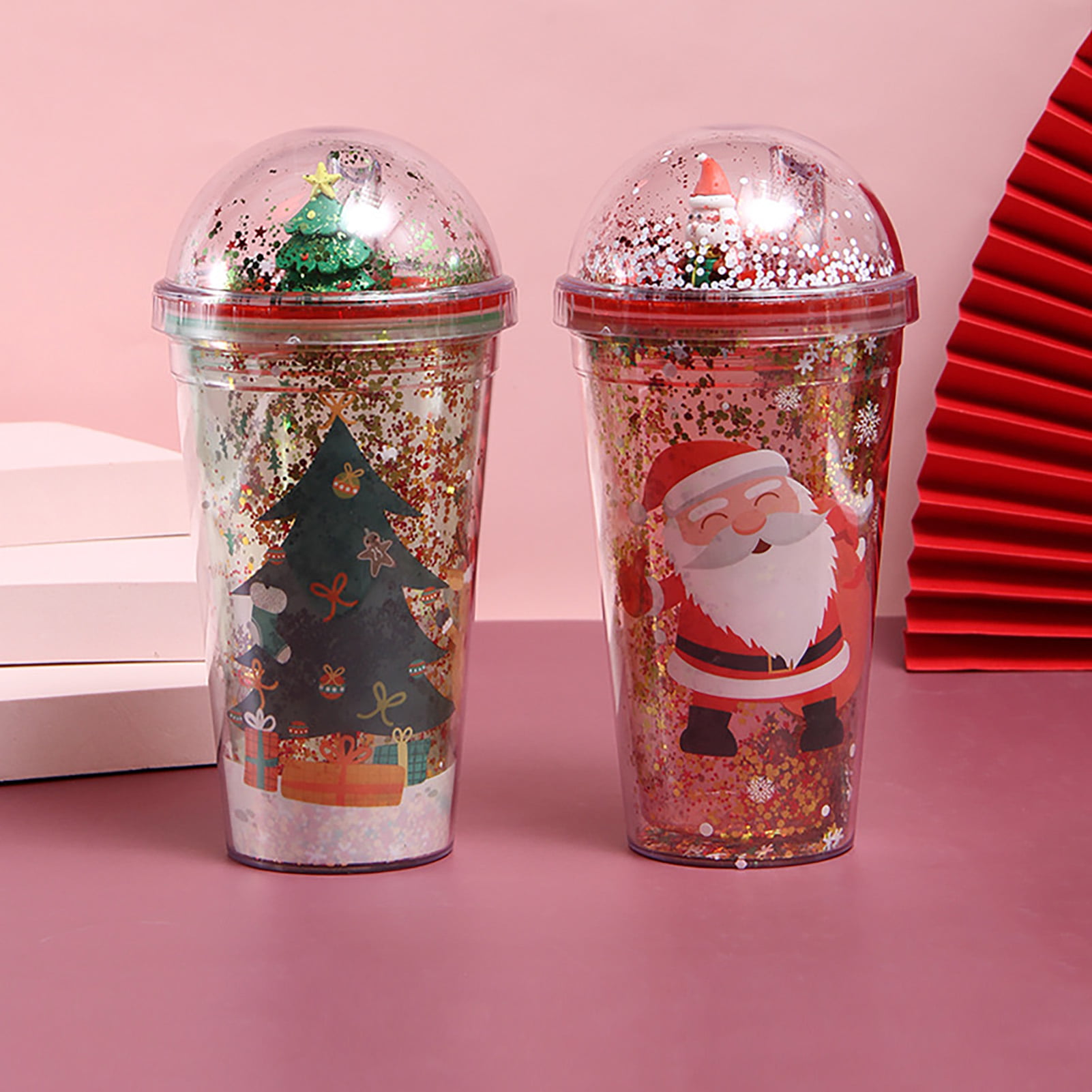 1pc 450ml Cartoon Christmas Water Cup, Double-layered Plastic Cup With  Straw, Festive Gift With Glittery Toy Decoration