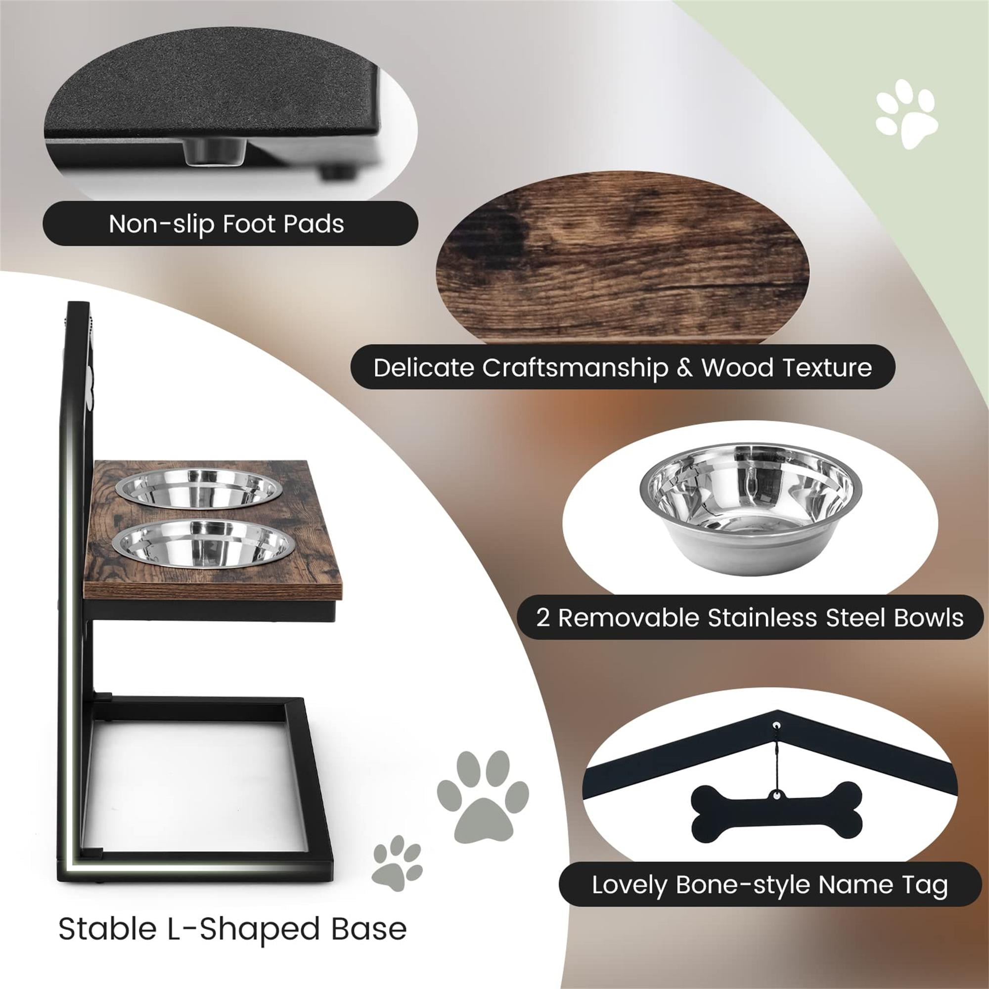 Kadyn 9"-17" Elevated Pet Feeder with 2 Stainless Steel Dog Bowl, Pet Food Bowls for Feeding Small Medium Dogs Cats Puppies, Brown