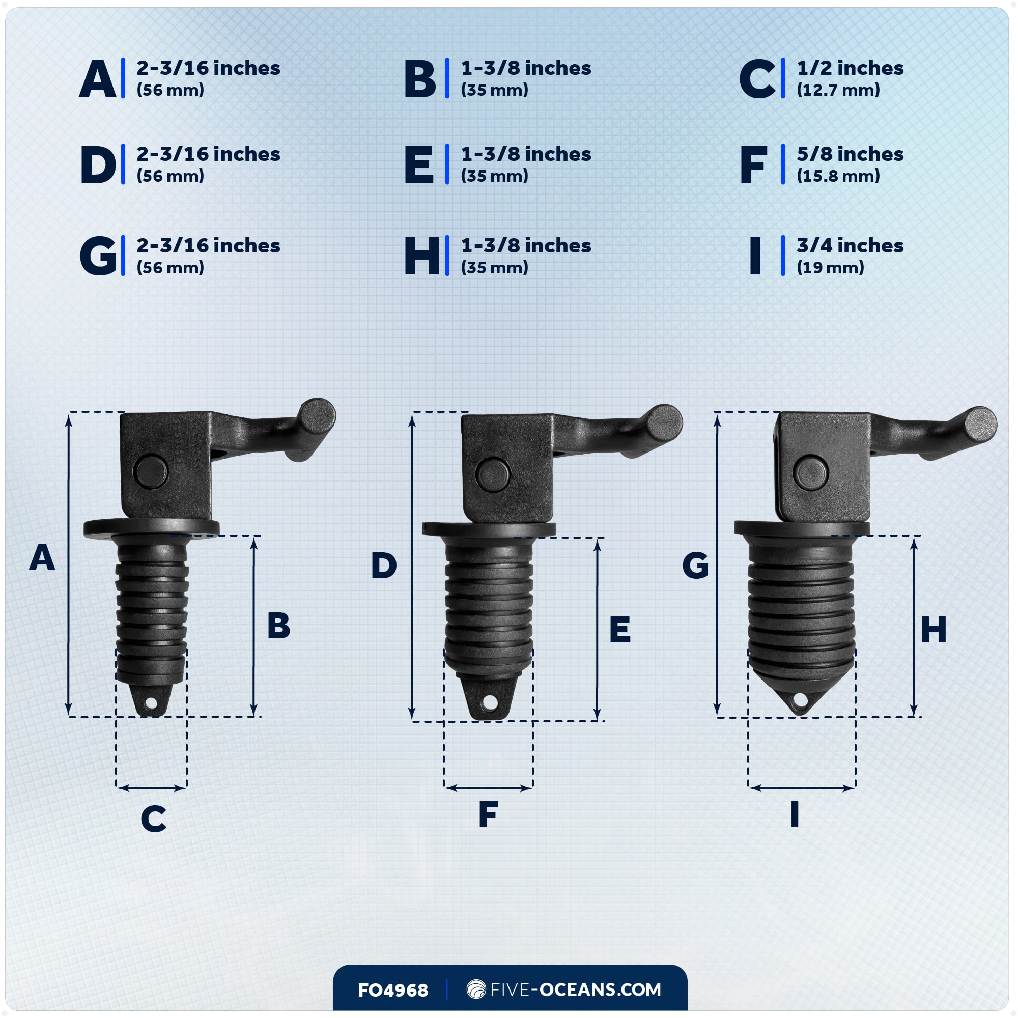 Five Oceans Floating Livewell Drain Plugs – 3-Pack (1/2", 5/8", 3/4") ABS Black Plastic, Twist or Cam-Over Adjustable, Universal Replacement for Boats & Kayaks - FO4968