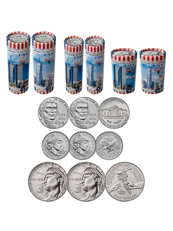 Collectible 2026 P & D COMPLETE 6-Roll Set • World Trade Center 9/11 25th Anniversary • USA 250 • Half Dollar, Dime & Nickel Limited Edition Rolls