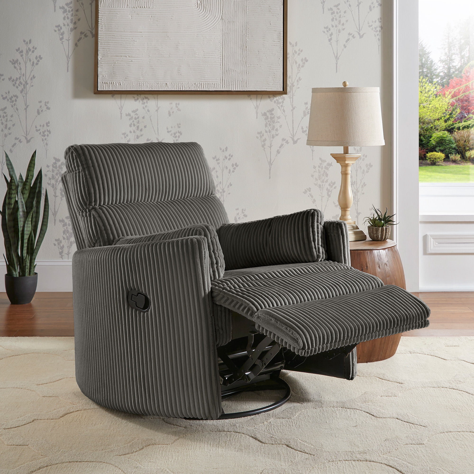 Weston Home Sloan Plush Corduroy Fabric Manual Swivel Glider Recliner, Dark Gray