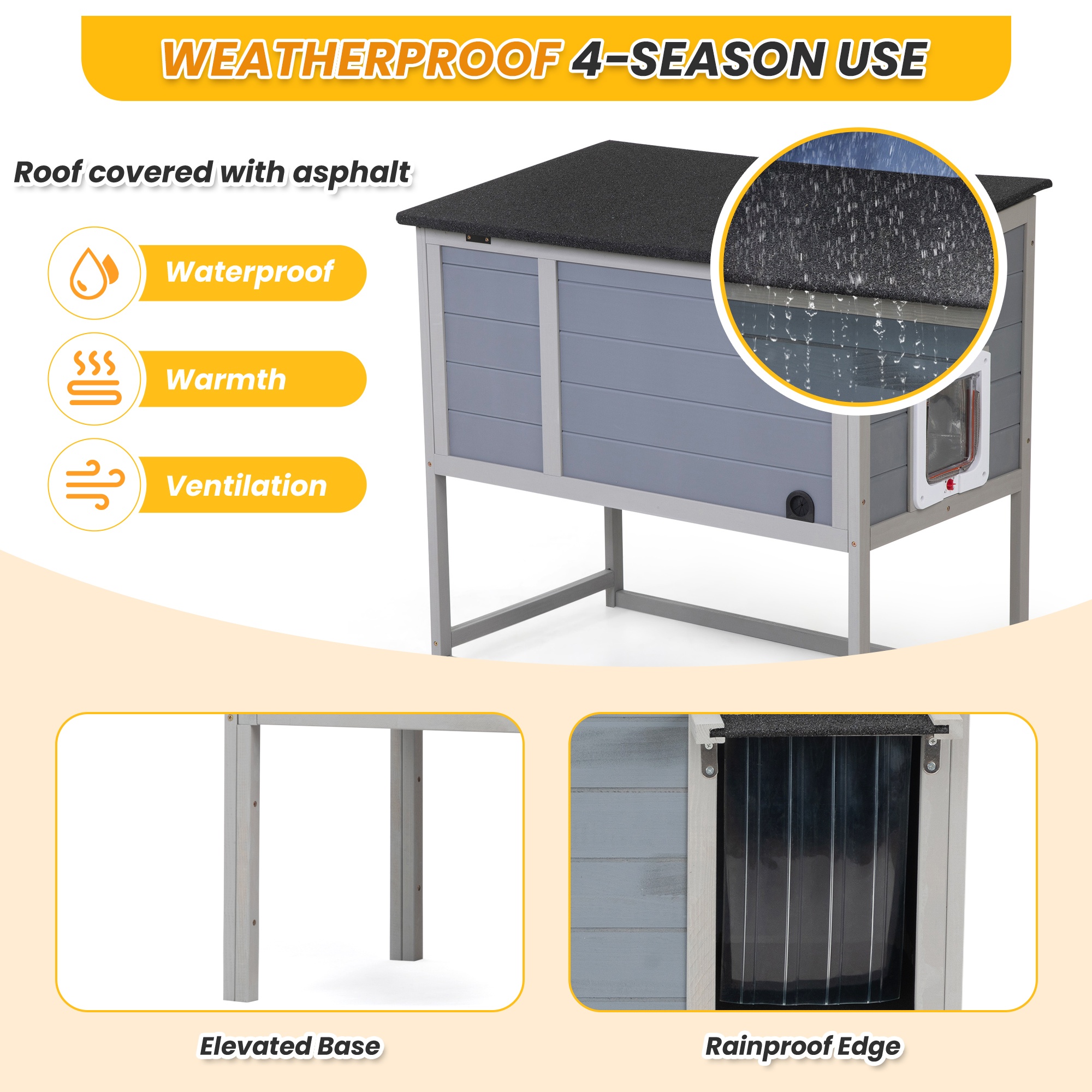 Insulated Warm Outdoor Cat House & Condos , Raised Weatherproof Kitten Shelter for Outside with All-Round Foam, Feral Cat Wooden Enclosure for Small Medium