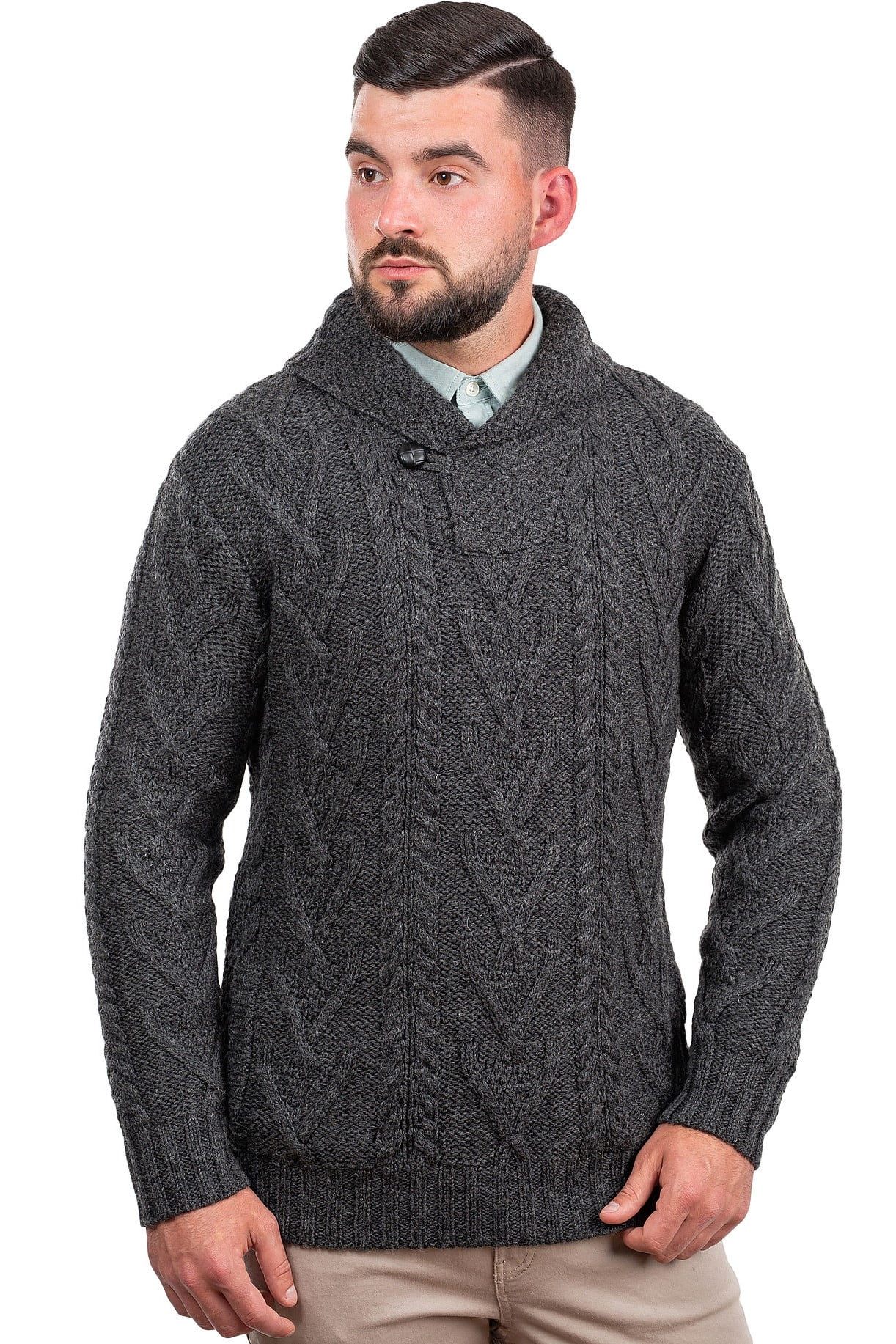 SAOL 100% Merino Wool Sweater Men's Aran Shawl Collar One Button Irish ...