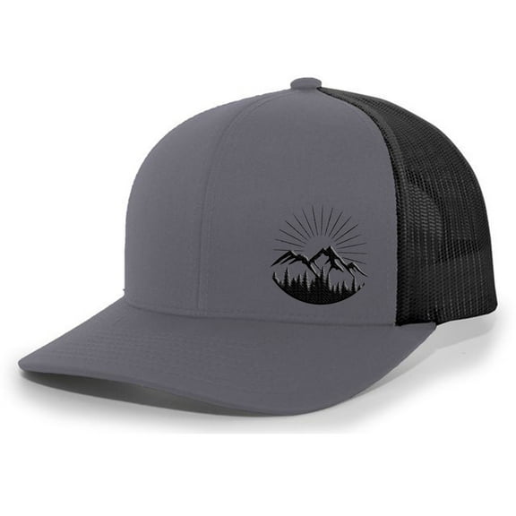 Men's Scenic Mountain Outdoors Woodland Embroidered Mesh Back Trucker Hat, Charcoal/Black