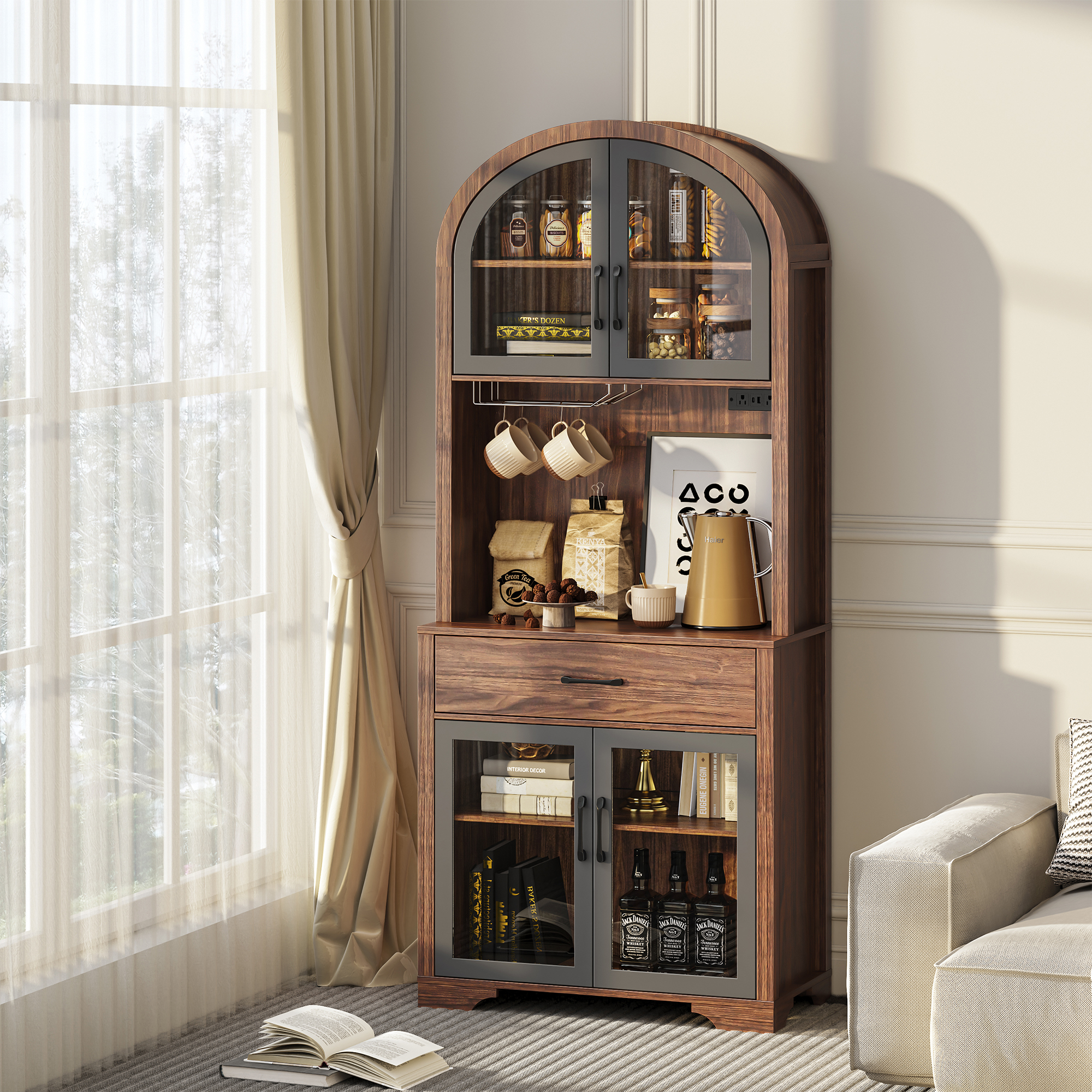 75" Tall Pantry Hutch with Charging Station and Microwave Stand, Kitchen Cabinets Hutch Cupboard for Kitchen, Dining Room, Walnut