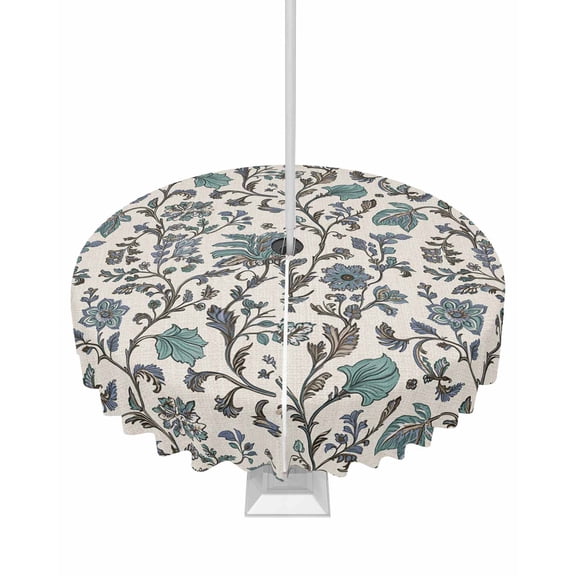 Fsddascl Teal Green Leaf Outdoor Tablecloth - 54 Inch Round Dining Table Cover, Vintage Farmhouse Boho Pastoral Tribal Waterproof Outdoor Table Cloth with Umbrella Hole & Zipper for Picnic/Patio