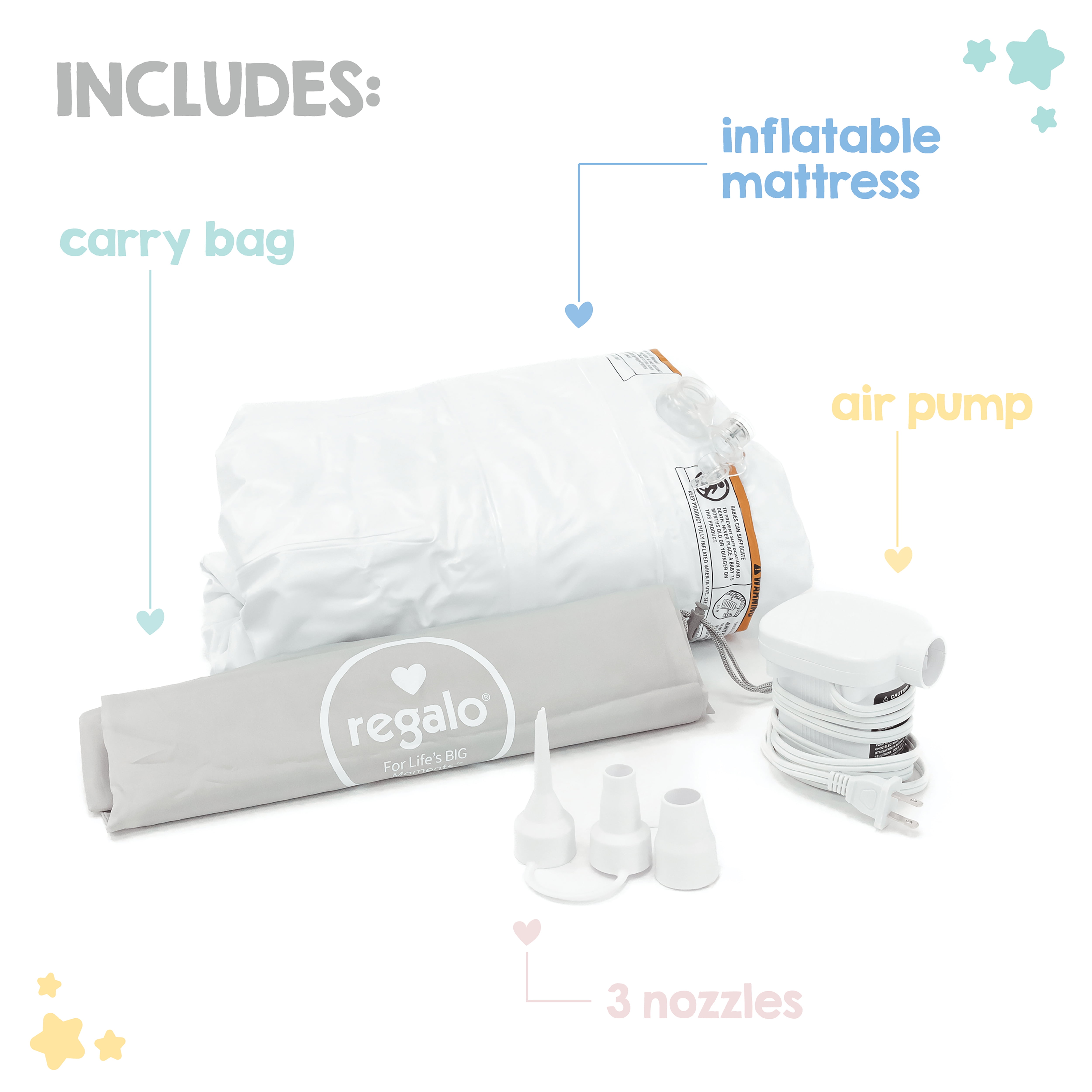 Regalo Inflatable Toddler Travel Bed with Safety Rails, Air Pump & Carry Bag, White