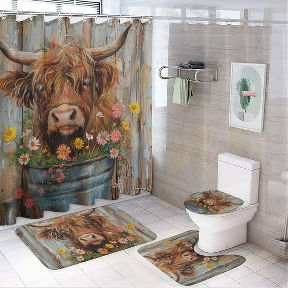 4 Piece Cute Highland Cow Bathroom Set with Shower Curtain and Rugs, Nature Wildflower Countryside Animal Bathroom Shower Curtain Set with Rug, Bath Mat, U-Shaped Floor Mat
