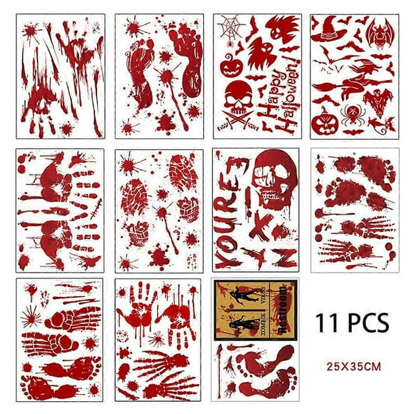11 Sheets Bloody Halloween Decorations Halloween Bloody Handprint Footprints Knife Stickers Window Wall Floor Clings Decals Horror Bathroom Zombie Par