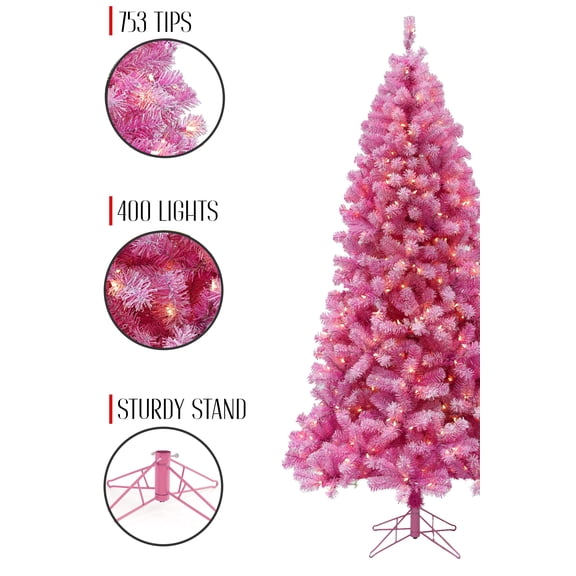 Prelit Pink Christmas Tree with Silver Tinsel Needles Warm White Lights
