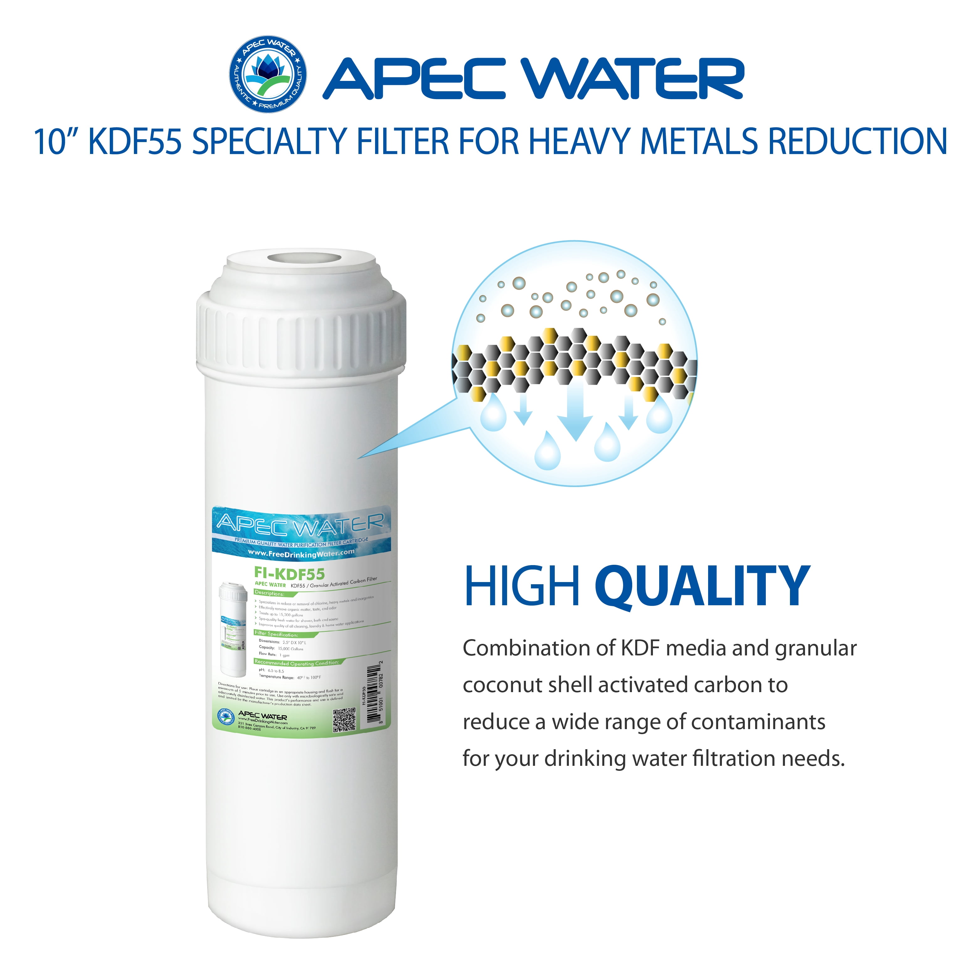 APEC 10 inch Replacement Water Filter for Chlorine, Heavy Metal and Bacteria Removal (FI-KDF55)