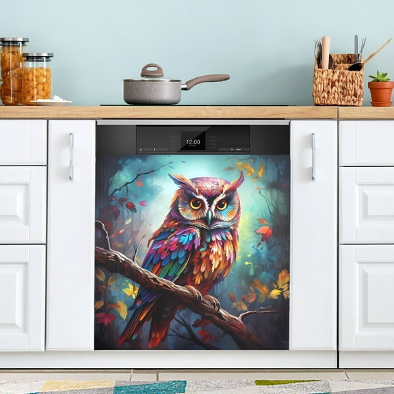 Owl with Leaves Magnetic Dishwasher Cover Magnet Refrigerator Dishwasher Sticker Home Decorative Art Kitchen Panel Decal 23x26 Inch