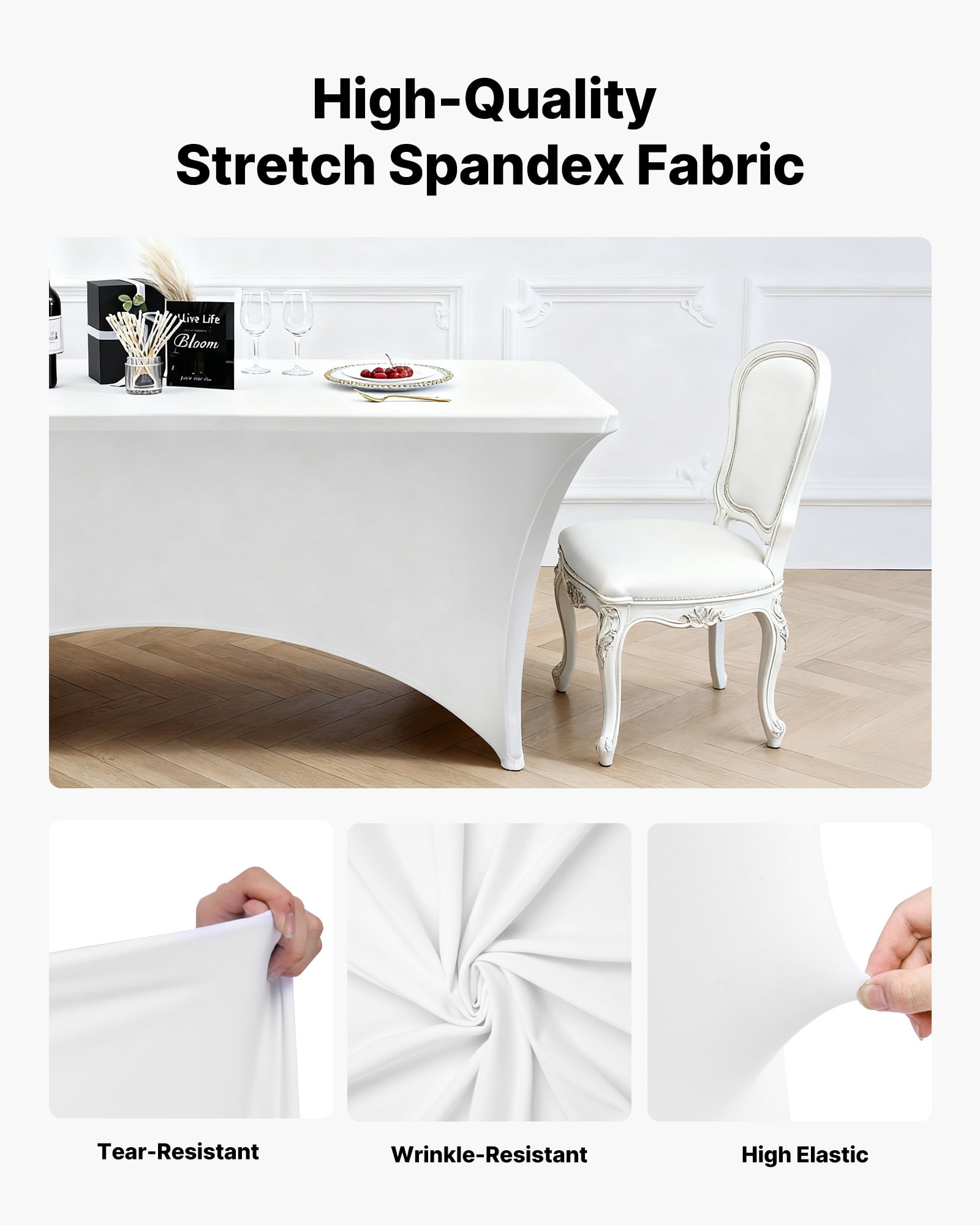 VEVOR 6 Pack Table Cloth for 8FT Rectangular Fitted Events, Wrinkle-Resistant Stretch White Table Covers, Washable Spandex Tablecloth Protector, for Party, Wedding, Cocktail, Banquet, Festival