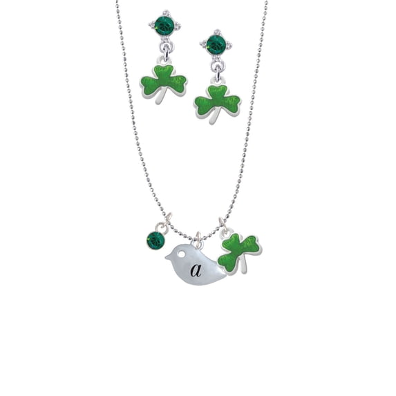 Delight Jewelry Silvertone Little Bird Initial - A - Green Shamrock Necklace and Clover Earrings Jewelry Set