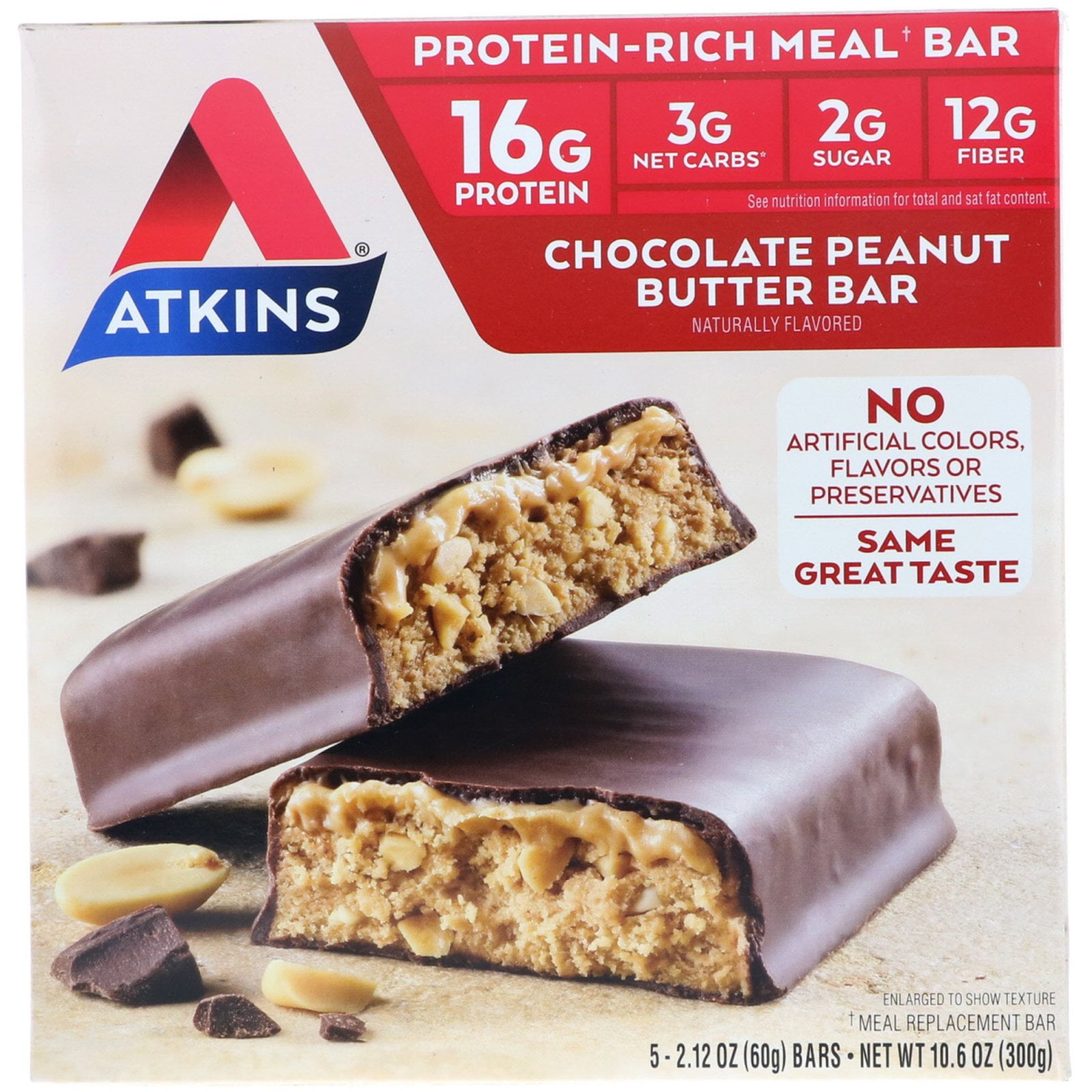 Atkins Meal Bar, Chocolate Peanut Butter Bar, 5 Bars, 2.12 oz (60 g), 5