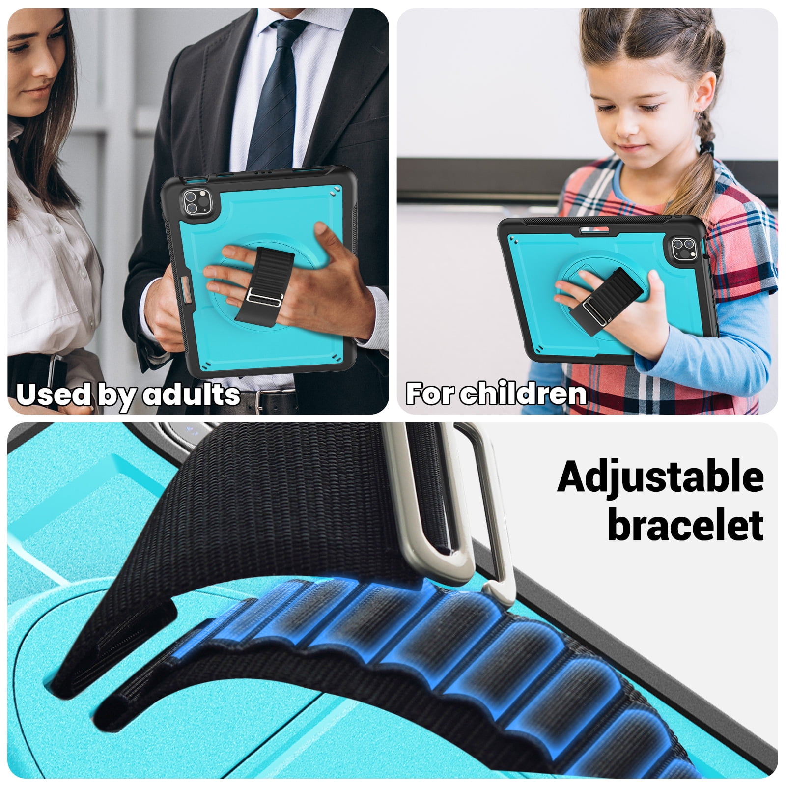 ELEHOLD Case for Apple iPad Pro 11 2022/2021/2020/2018/air4 10.9/air5,Soft TPU Rugged Durable Case with 360° Rotating Hand Strap & Foldable Hidden Stand & Pencil Holder,Lightblue