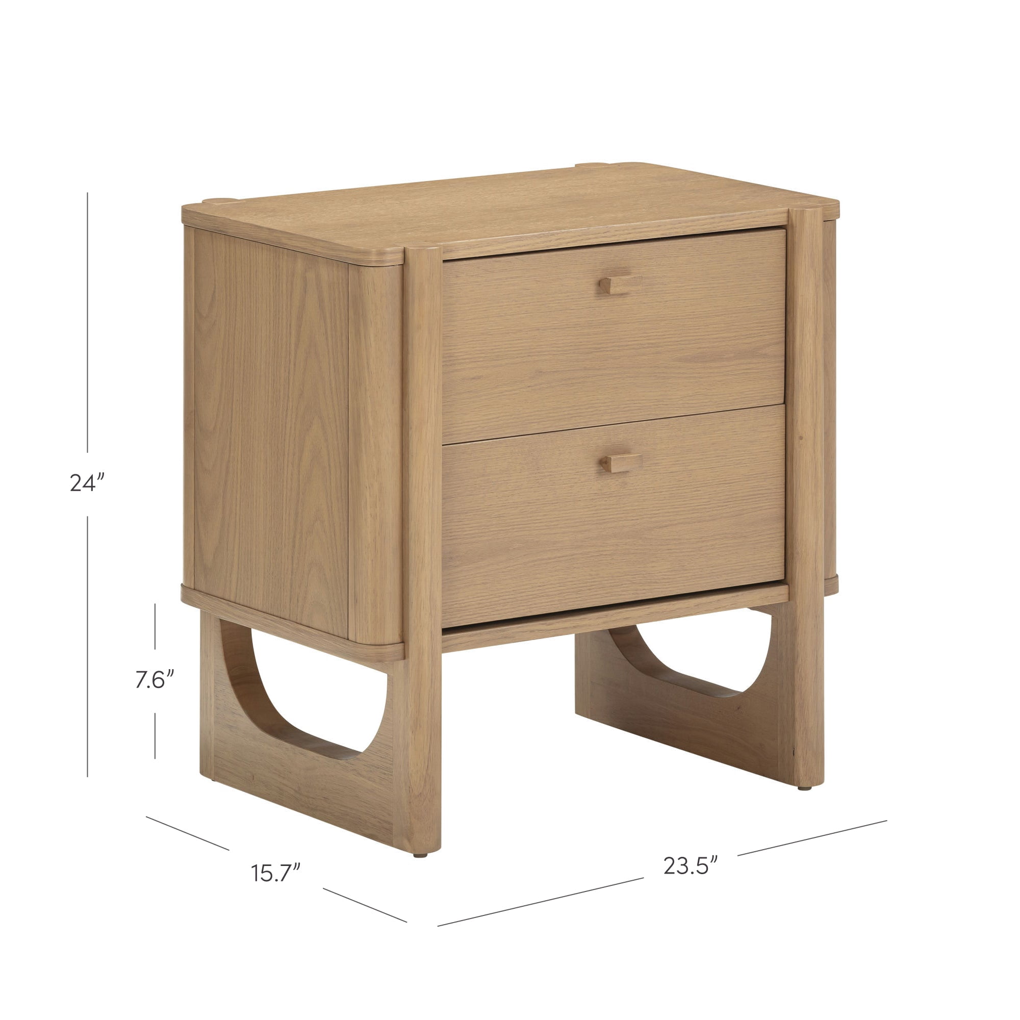 Nathan James Solace Mid Century Modern 2 Drawer Nightstand with Solid Wood Frame and Rounded Details, Raw Oak