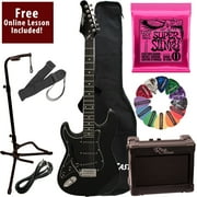 Learn To Play Sawtooth Black with Black Pickguard Left Handed Electric Guitar with Amp, Ernie Ball Strings, and Chromacast Stand, Picks, Cable, Strap, Case, and Free Online Lesson
