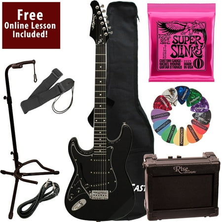 Learn To Play Sawtooth Black with Black Pickguard Left Handed Electric Guitar with Amp, Ernie Ball Strings, and Chromacast Stand, Picks, Cable, Strap, Case, and Free Online Lesson