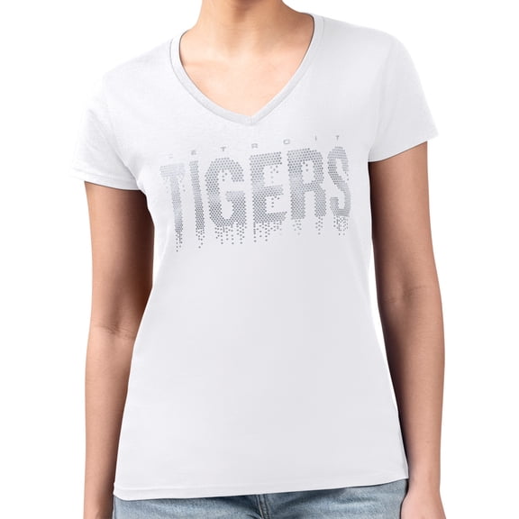 Women's G-III 4Her by Carl Banks White Detroit Tigers Metallic Drop Lightweight V-Neck T-Shirt