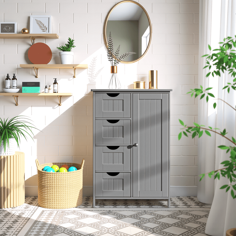 Lacoo Bathroom Storage Cabinet with 4 Drawers, Side Storage Organizer with 1 Cupboard and 2 Shelves Freestanding Cabinet, Gray