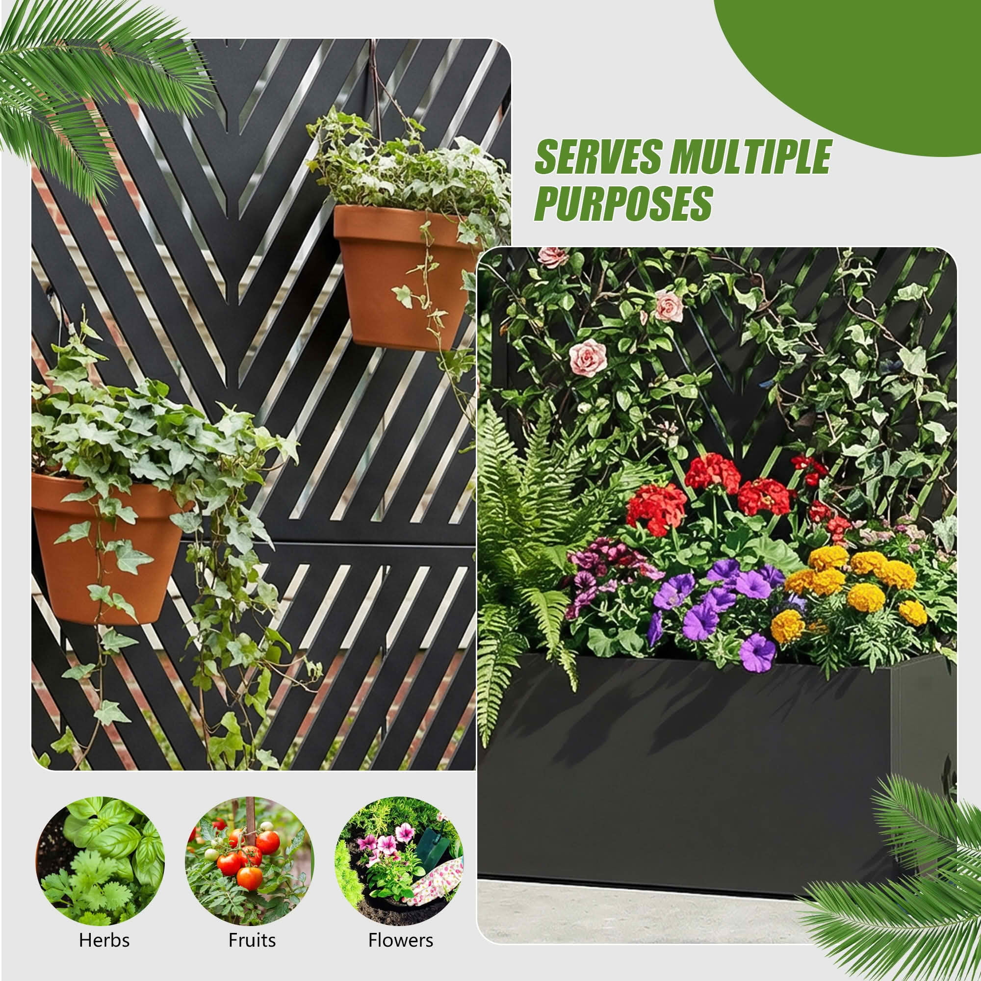 MAYEERTY 59X30" Metal Outdoor Black Privacy Screen with Planter Box for Backyard & Garden, 2 Piece Set