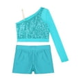 thumbnail image 5 of iixpin Girls Ballet Dance Outfits 2-Piece Gymnastics Sports Tumbling Sequins Crop Top with Athletic Shorts Set Light Blue 6, 5 of 6